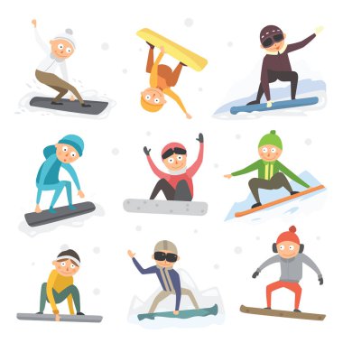 Snowboard atlamak farklı poz beyaz arka plan üzerinde