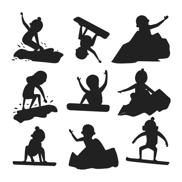 Snowboarder springen silhouet in verschillende pose vector. — Stockvector