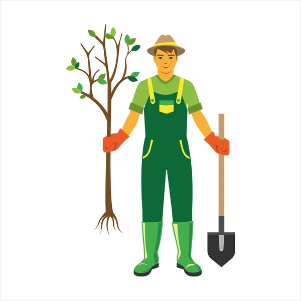 Gardener with trees flat vector. — Stock Vector