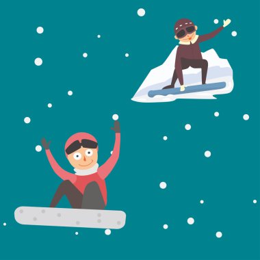 Snowboard farklı poz vektörde atlamak.