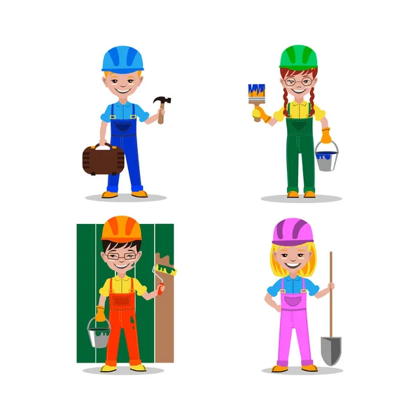 Niños constructores caracteres vector ilustración — Vector de stock