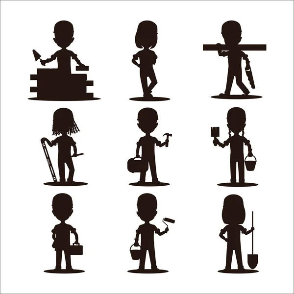 Kids builders characters silhouette vector illustration — Stock Vector