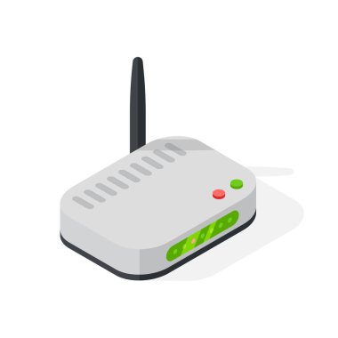 İzometrik kablosuz modem yönlendirici illüstrasyon izole beyaz.