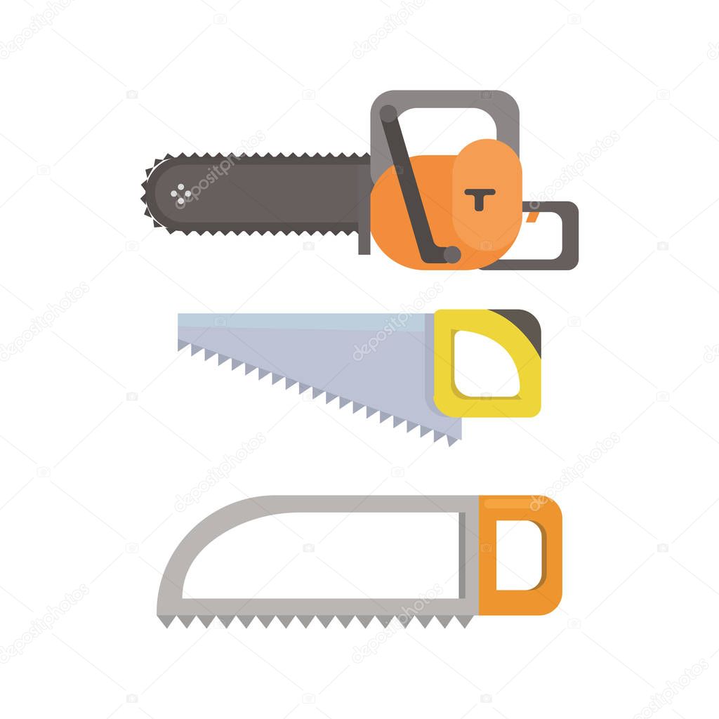 New powerful circular saw on white background. Construction carpentry circle electricity flat instrument. Steel power machine work industry vector.