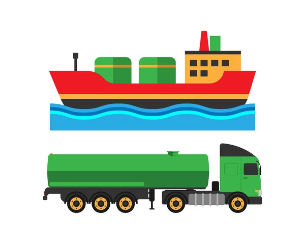 Extracción de petróleo camión envío y transporte de barcos vector ilustración — Archivo Imágenes Vectoriales