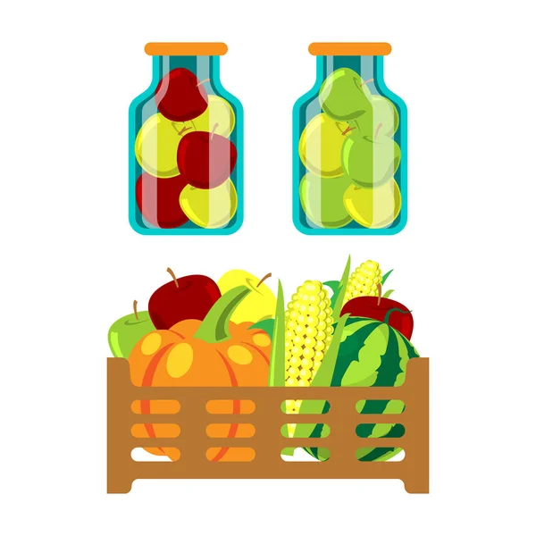 Groenten en fruit in rieten mand vector illustratie — Stockvector