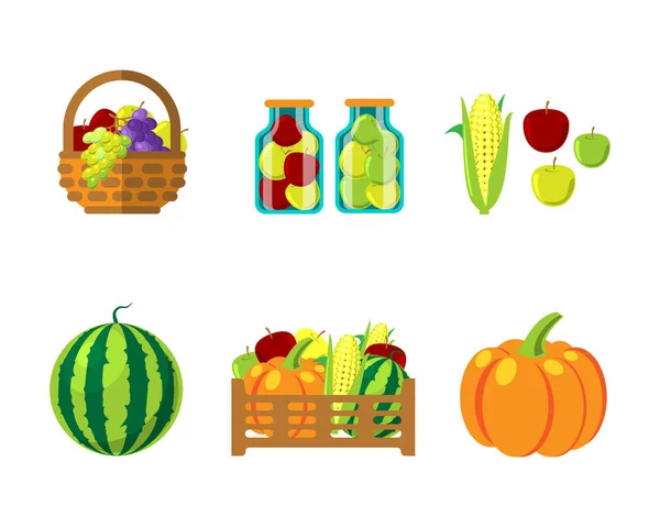 Récolte alimentaire d'automne dans un panier en osier illustration vectorielle — Image vectorielle