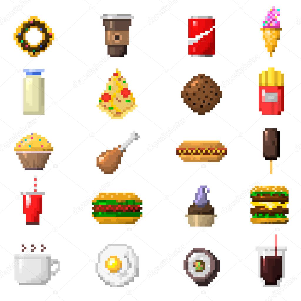 Pixel art food icons vector.