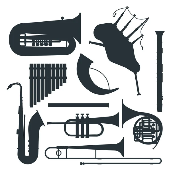 Viento instrumentos musicales silueta vector . — Vector de stock
