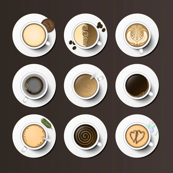 Kahve fincanları ürün yelpazesine üstten görünüm koleksiyonu vektör çizim. — Stok Vektör