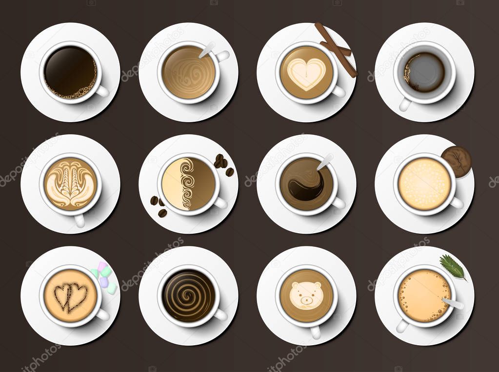 Coffee cups assortment top view collection vector illustration.