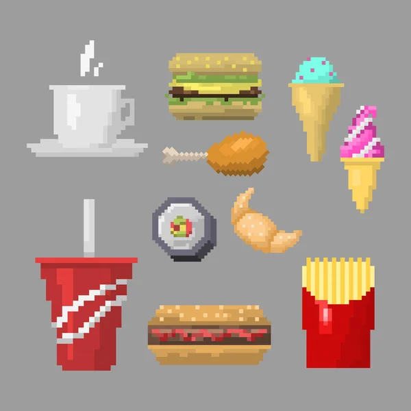 Pixel arte de comida rápida iconos vector . — Vector de stock