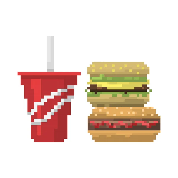 Pixel arte fast food hambúrguer e cola ícones vetor . — Vetor de Stock