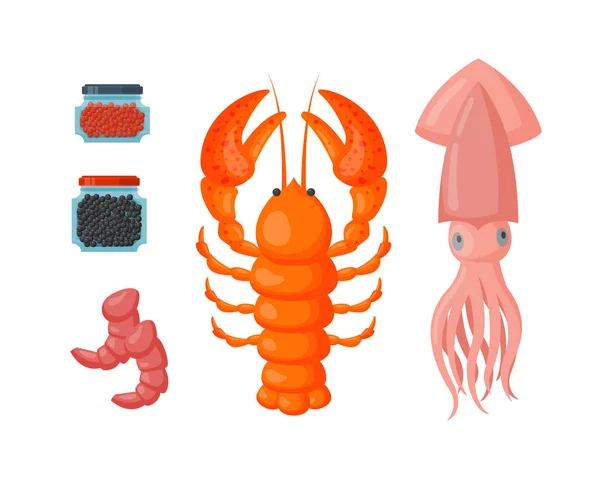 Illustrazione piatta del vettore aragosta e calamaro . — Vettoriale Stock