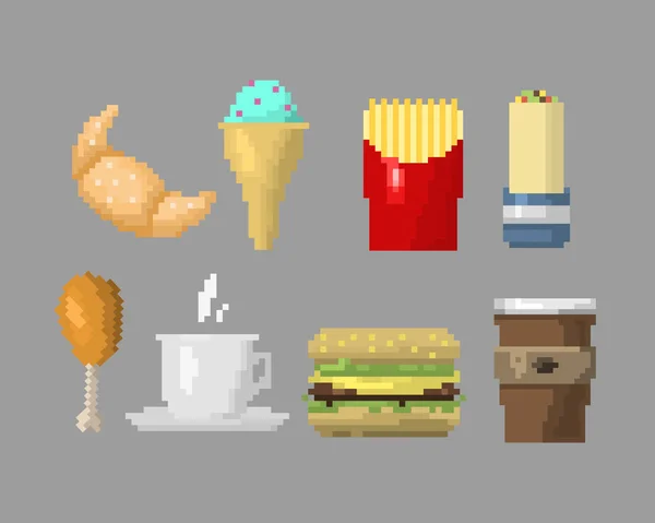 Pixel arte fast food ícones vetor . — Vetor de Stock