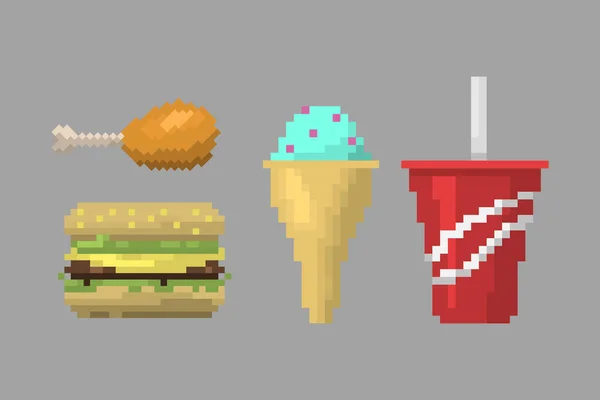 Pixel arte fast food ícones vetor . — Vetor de Stock