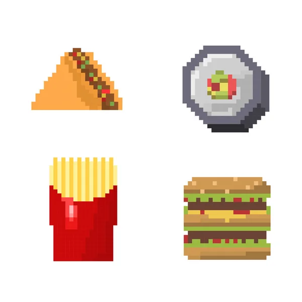 Pixel arte fast food ícones vetor . — Vetor de Stock