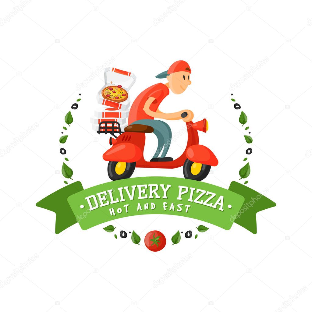 Delivery pizza badge man on scooter vector illustration. Food and drink elements typographic design label or sticker bakery. Cooking cafe menu symbol with traditional lunch delicious.