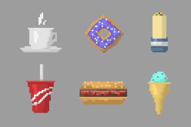 Piksel sanat lokanta simgeler vektör.