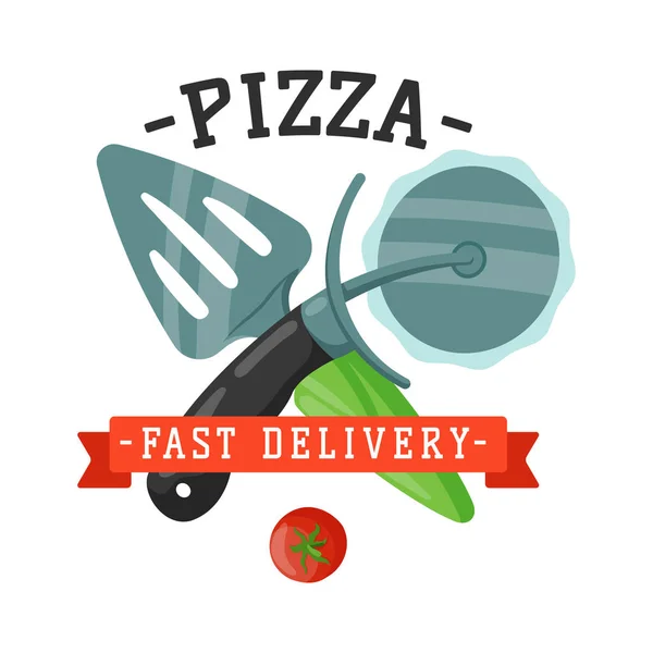 Levering pizza mes en spatel badge vectorillustratie. — Stockvector