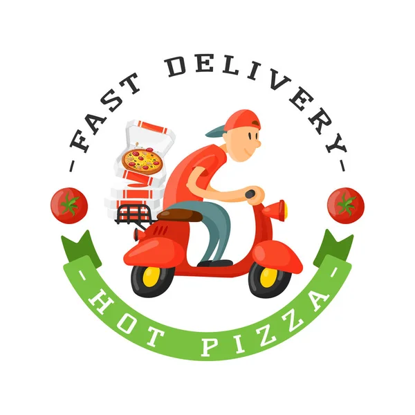 Leverans pizza badge man på scooter vektorillustration. — Stock vektor