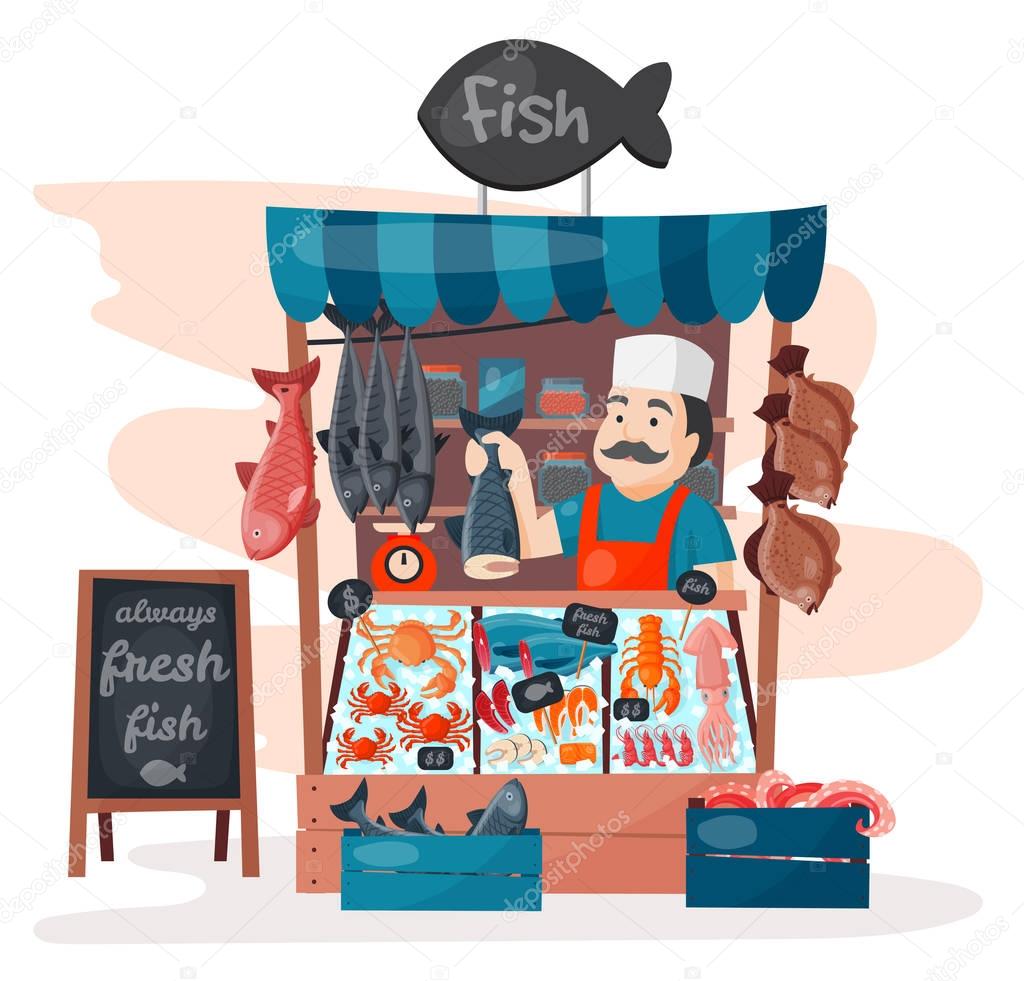 Retro fish street shop store market with freshness seafood in fridge traditional asian meal and man dealer business person meat seller vector illustration.