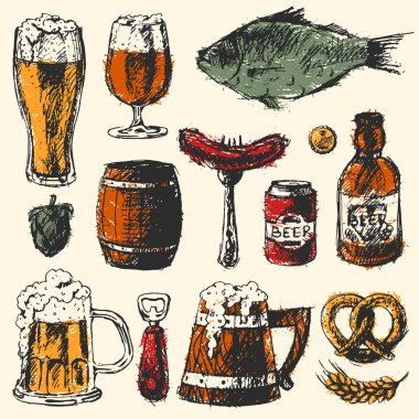 Bira gıda kupa şişe buğday hop öğelerle ayarla ve festival içecek bira bar vektör çizim reklam için kullanılan çizim grafik nesneleri el.