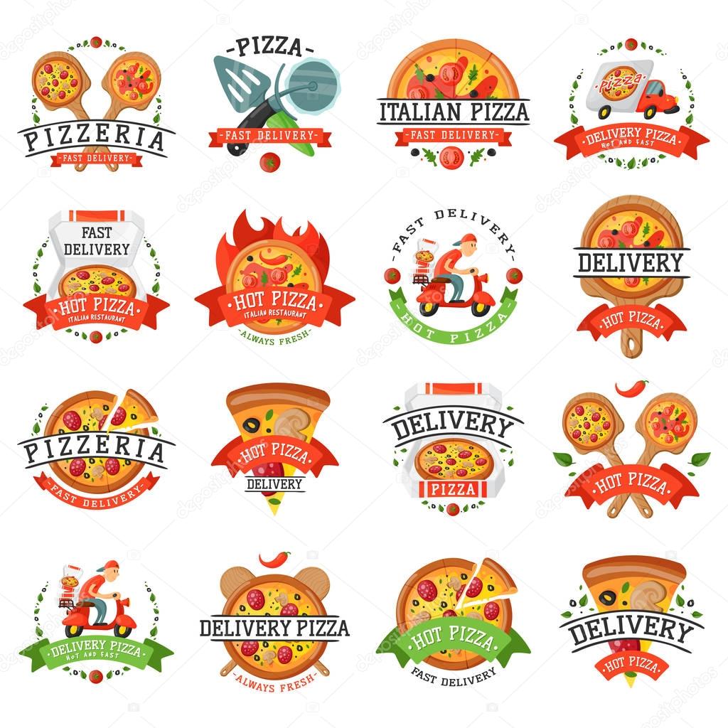 Delivery pizza badge vector illustration. Food and drink elements typographic design label or sticker bakery. Cooking cafe menu symbol with traditional lunch delicious.
