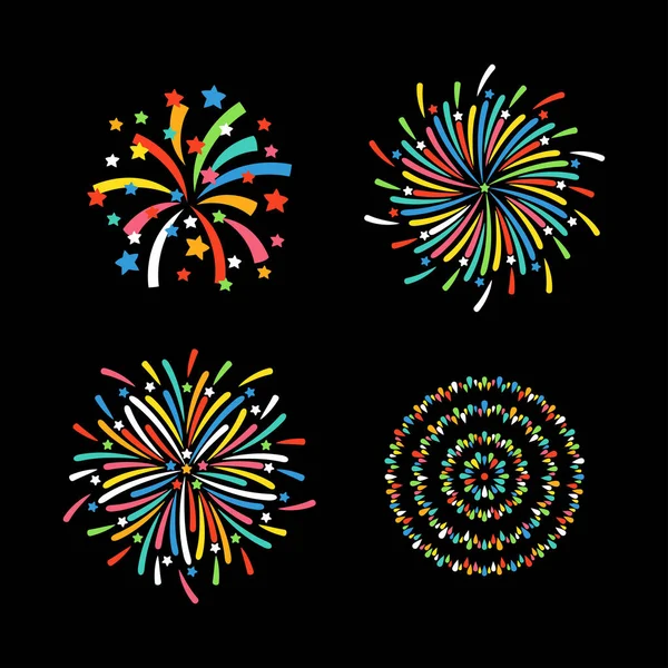 Fuegos artificiales diferentes formas vector festivo colorido . — Vector de stock