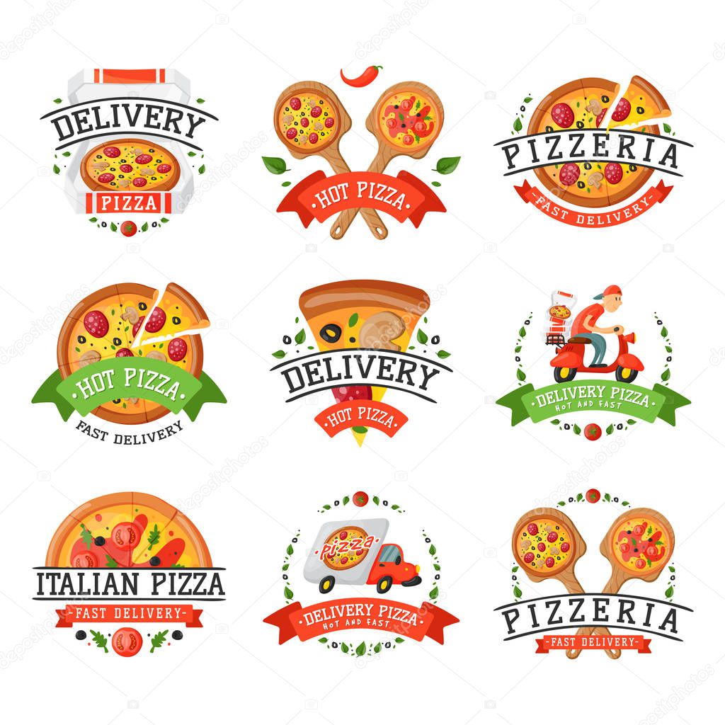 Delivery pizza badge vector illustration. Food and drink elements typographic design label or sticker bakery. Cooking cafe menu symbol with traditional lunch delicious.