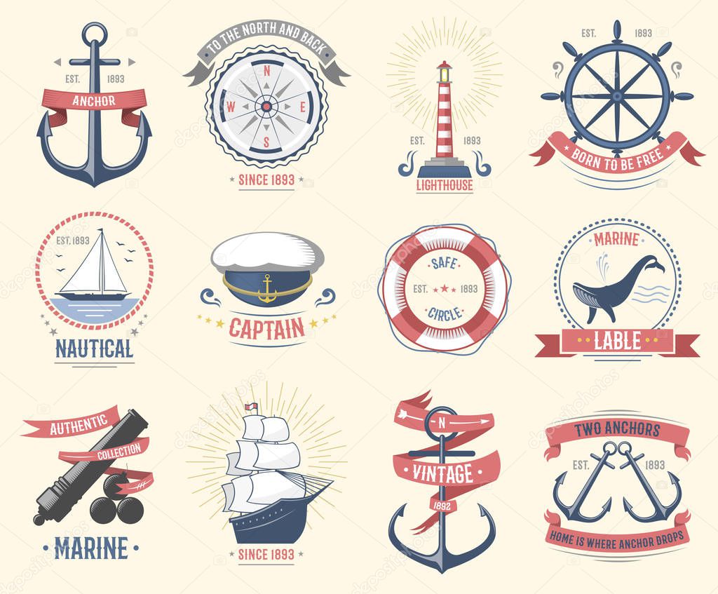 Fashion nautical logo sailing themed label or icon with ship sign anchor rope steering wheel and ribbons travel element graphic badges vector illustration.