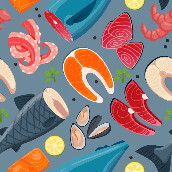 Sea food vector illustration seamless pattern — Stock Vector