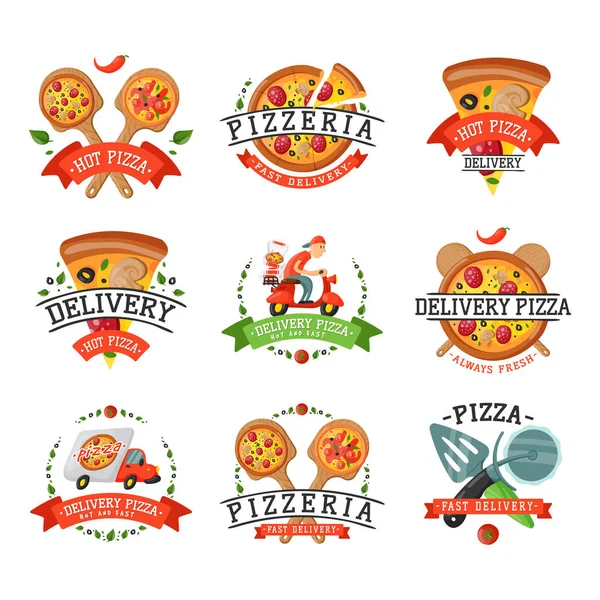 Dodávky pizza odznak vektorové ilustrace. — Stockový vektor