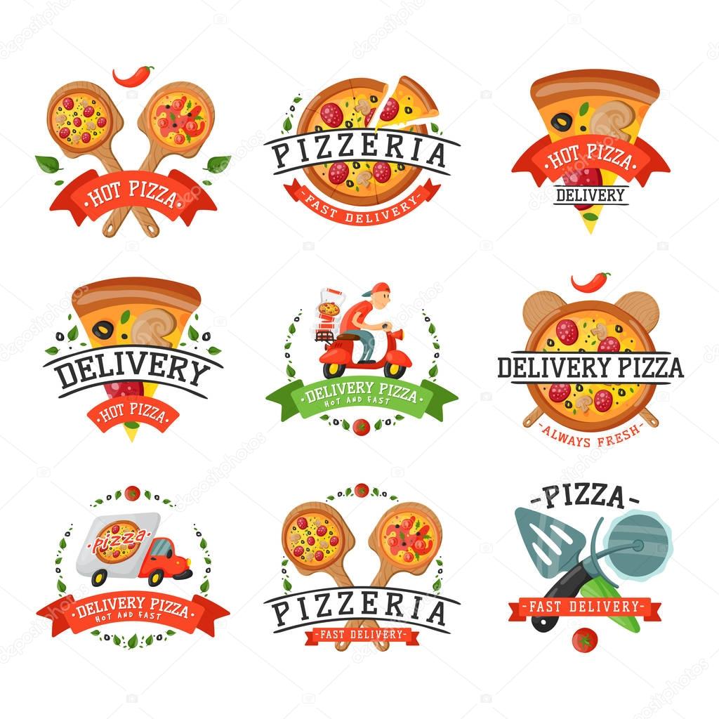 Delivery pizza badge vector illustration. Food and drink elements typographic design label or sticker bakery. Cooking cafe menu symbol with traditional lunch delicious.