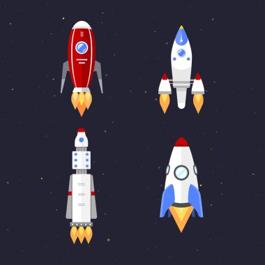 Vektör teknoloji gemi roket çizgi film tasarımı.