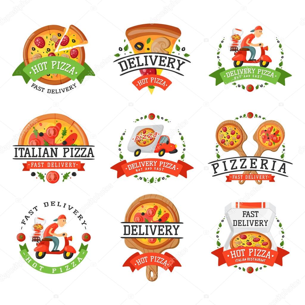 Delivery pizza badge vector illustration. Food and drink elements typographic design label or sticker bakery. Cooking cafe menu symbol with traditional lunch delicious.
