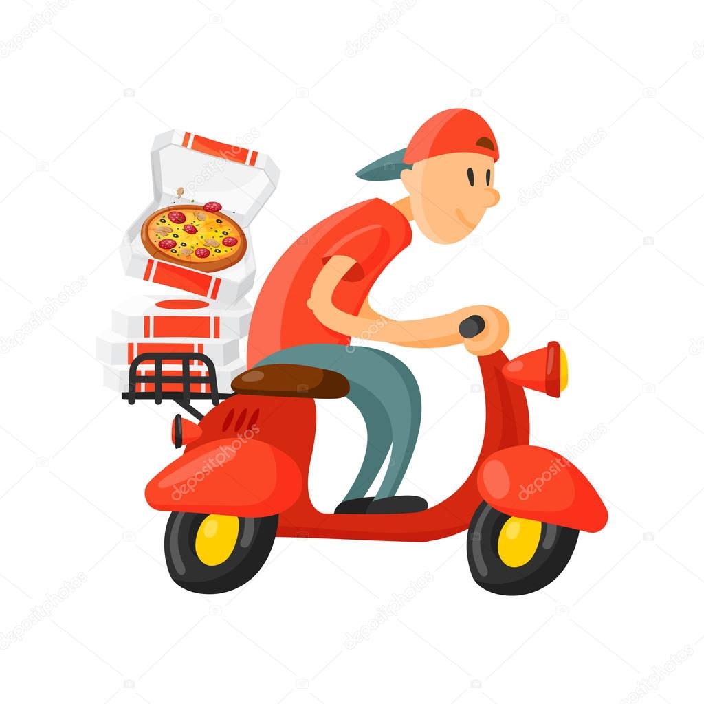 Italian cook pizza delivery boy vector illustration. Pizzeria cartoon courier on motorbike. Deliver dinner icon food box. Fast party meal scooter transport symbols.