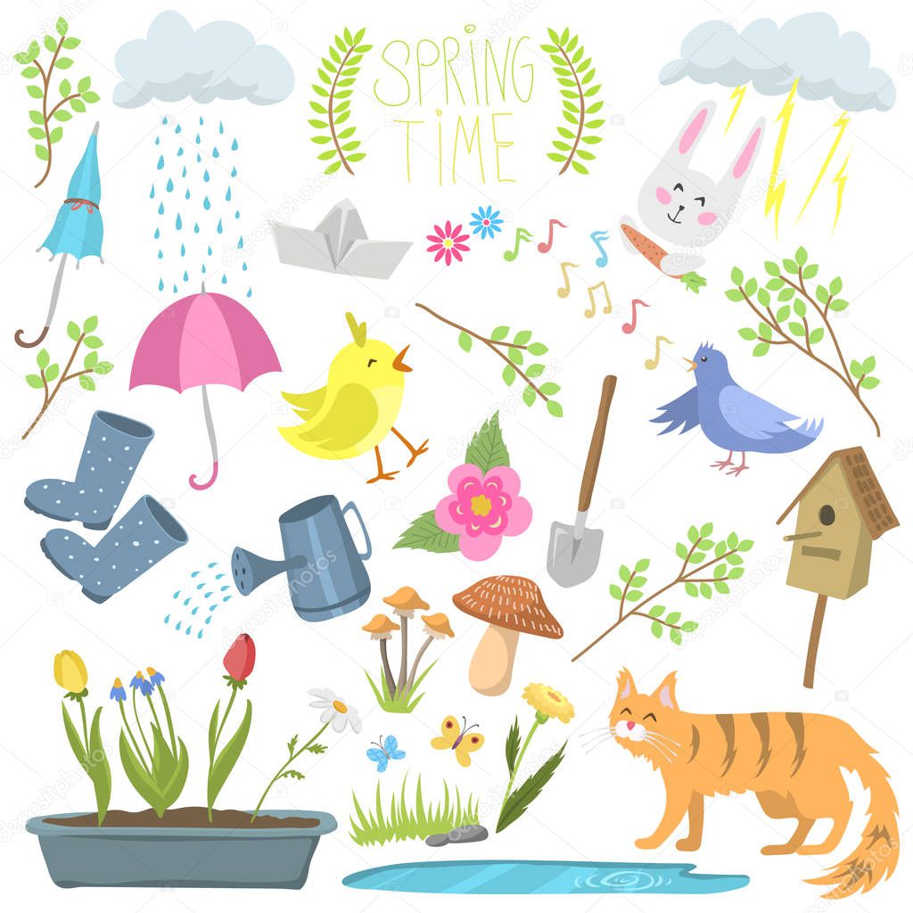 Spring natural floral symbols with blossom gardening tools beauty design and nature grass season branch springtime hand drawn elements vector illustration.