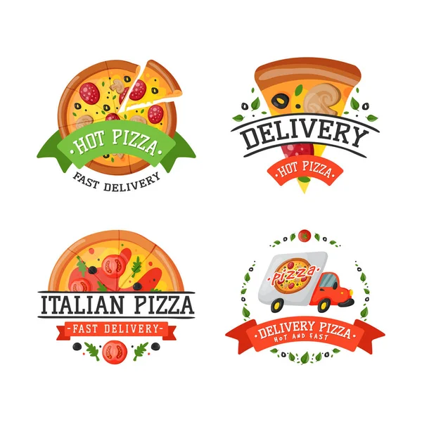 Entrega pizza emblema vetor ilustração . — Vetor de Stock