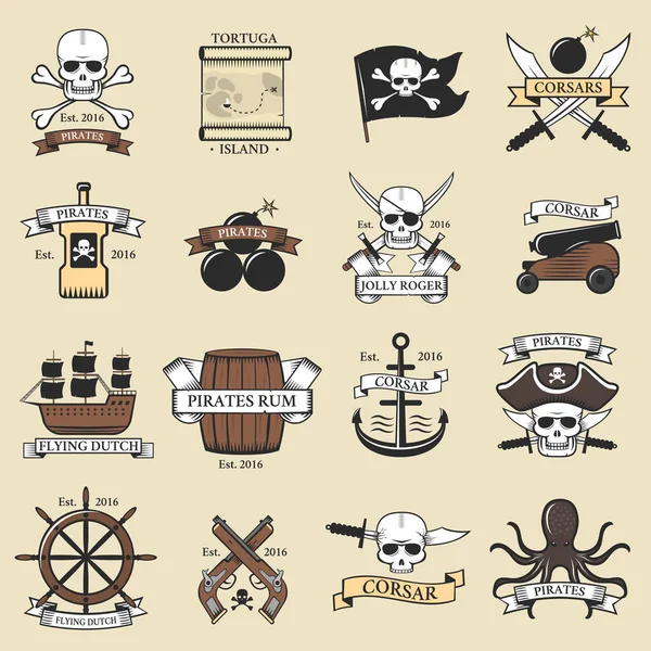 Moderno profesional pirata logotipo marino insignias espada náutica esqueleto viejo banner plantilla y cráneo roger mar icono capitán océano elemento de arte vector ilustración . — Vector de stock