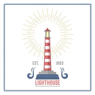 Deniz feneri deniz ve deniz yelken temalı etiket vektör.
