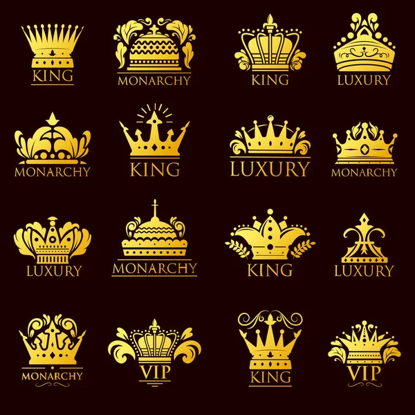 Corona rey vintage premium insignia amarilla dorada adorno heráldico icono tiara logotipo y emblema de lujo reino princesa barroco vector ilustración . — Vector de stock