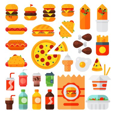 Renkli karikatür lokanta simgeler izole Restoran leziz Amerikan çizburgeri et ve sağlıksız burger yemek vektör çizim.