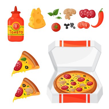 Sıcak taze pizza malzemeleri simgeler illüstrasyon vektör.