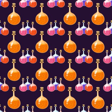 Kimyasal laboratuvar şişesi cam tüp sıvı biyoteknoloji analizi ve tıbbi bilimsel cihazlar kimya Dikişsiz desen vektör çizim.