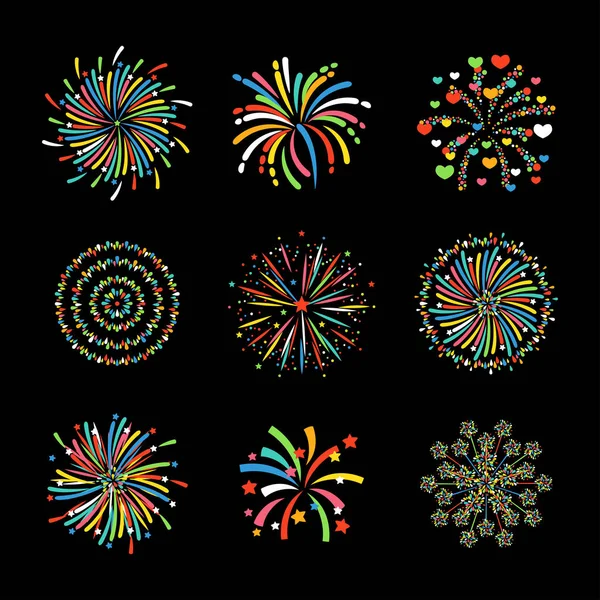 Fuegos artificiales diferentes formas vector festivo colorido . — Vector de stock