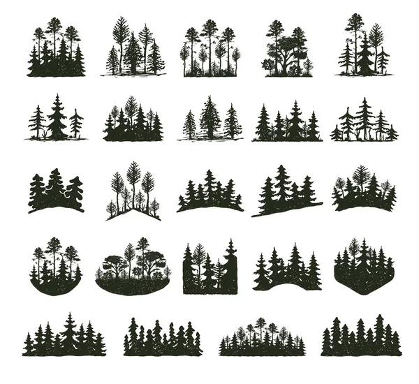 Tree outdoor travel black silhouette coniferous natural badges, tops pine spruce branch cedar and plant leaf abstract stem drawing vector illustration. — Stock Vector