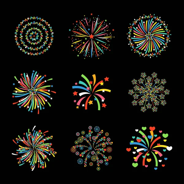 Fogos de artifício diferentes formas colorido vetor festivo . —  Vetores de Stock