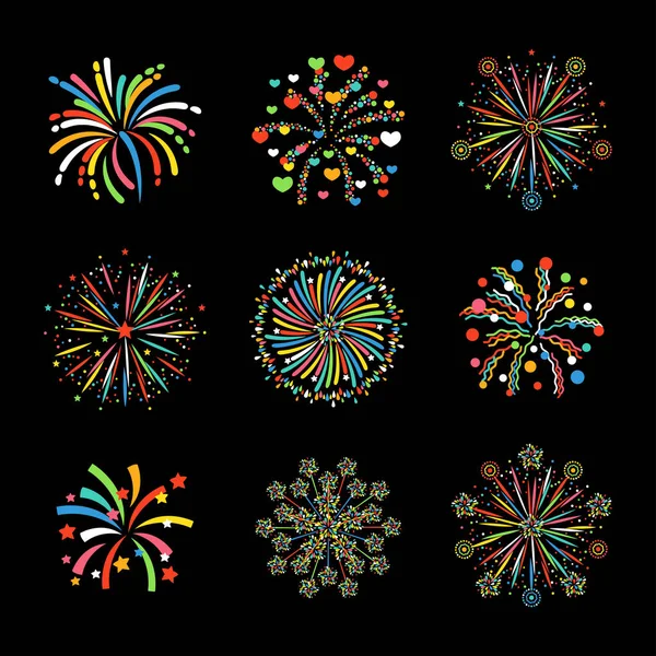 Fuegos artificiales diferentes formas vector festivo colorido . — Vector de stock