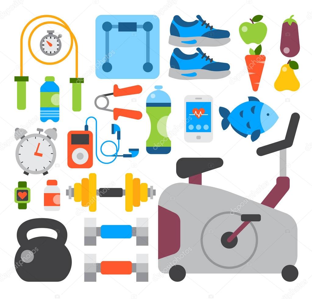 Flat icons set of fitness sport and healthy lifestyle exercise diet food supplements well-being body modern design style vector icons collection.